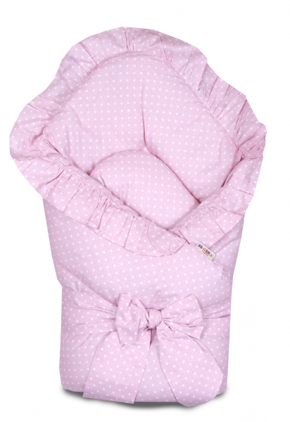 Baby Nellys Rychlozavinovačka 80x80cm s volánkem a stuhou - pudrově růžová s tečkami