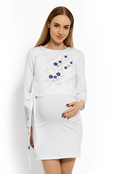 Be MaaMaa Elegantní těhotenské šaty, tunika s výšivkou a stuhou, L/XL - bílé (kojící)