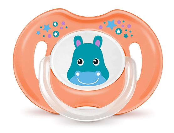 Ortodontický silikonový dudlík 6m+ s krytem Hrošík - oranžový