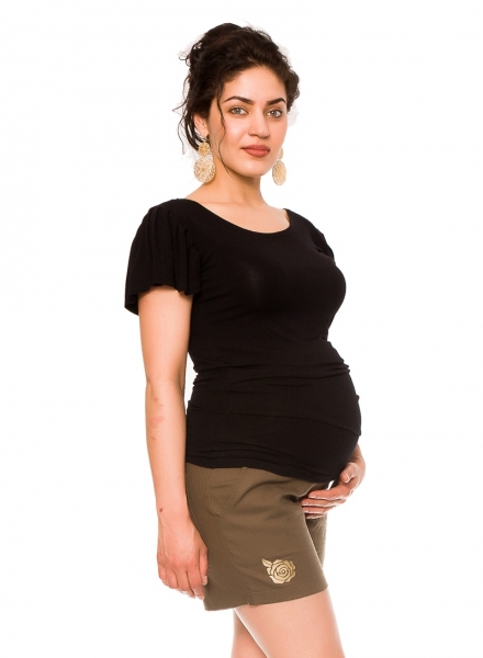 Be MaaMaa Těhotenské lněné kraťasy s růžičkou, khaki, vel. S, Velikost: S (36)
