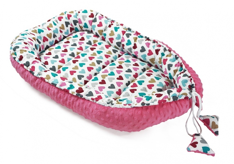 Baby Nellys Oboustranné hnízdečko, kokon minky 60x90cm- srdíčka, minky růžová