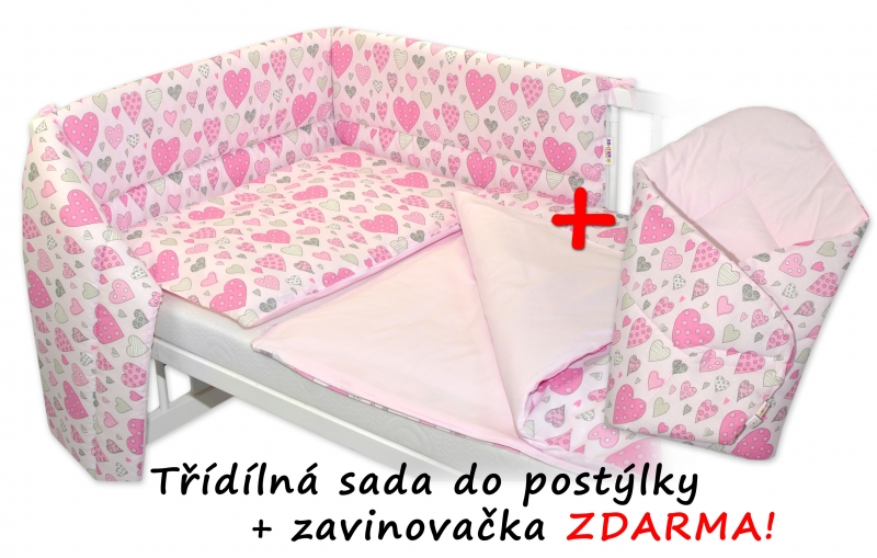 3-dílná sada mantinel s povlečením + zavinovačka zdarma - Srdíčka růžová, růžová, D19
