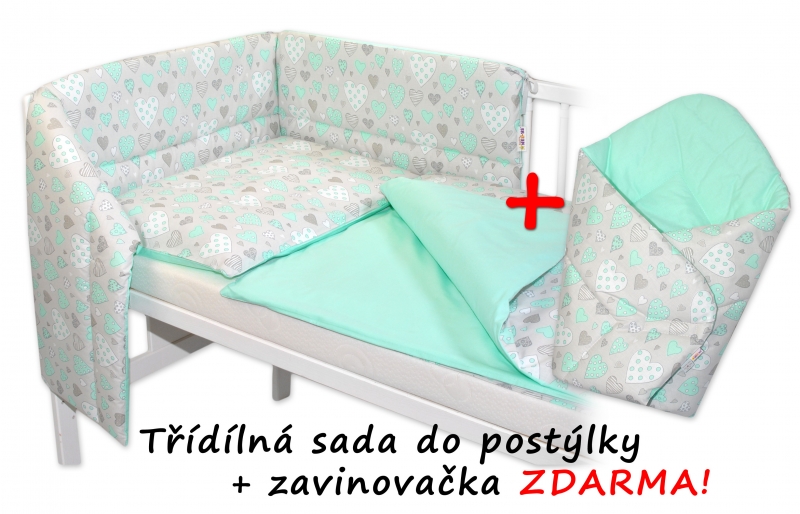 3-dílná sada mantinel s povlečením 135x100 + zavinovačka zdarma - Srdíčka máta, máta