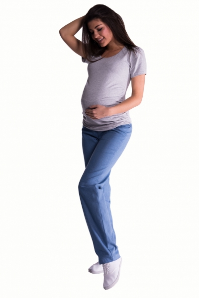 Be MaaMaa Bavlněné, těhotenské kalhoty s regulovatelným pásem - sv. modré, vel. XXL, Velikost: XXL (44)