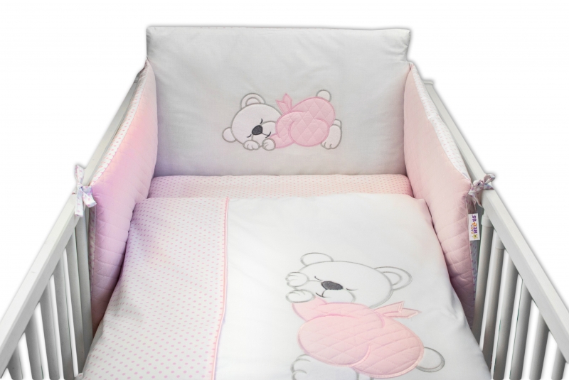 Baby Nellys 3-dílná sada mantinel s povlečením prošívaný Medvídek Maxik - růžová/tečky