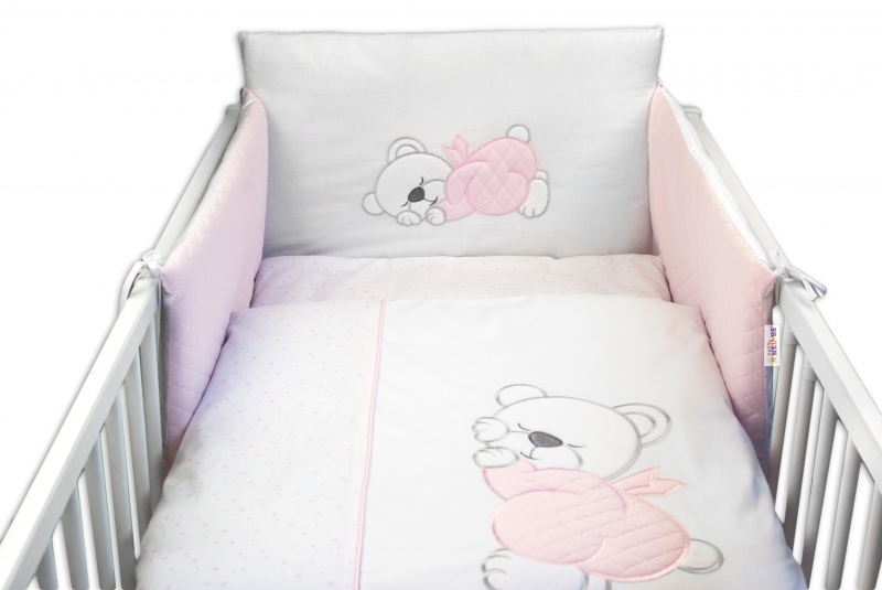 Baby Nellys 3-dílná sada mantinel s povlečením prošívaný Medvídek Maxik - růžová/hvězdičky