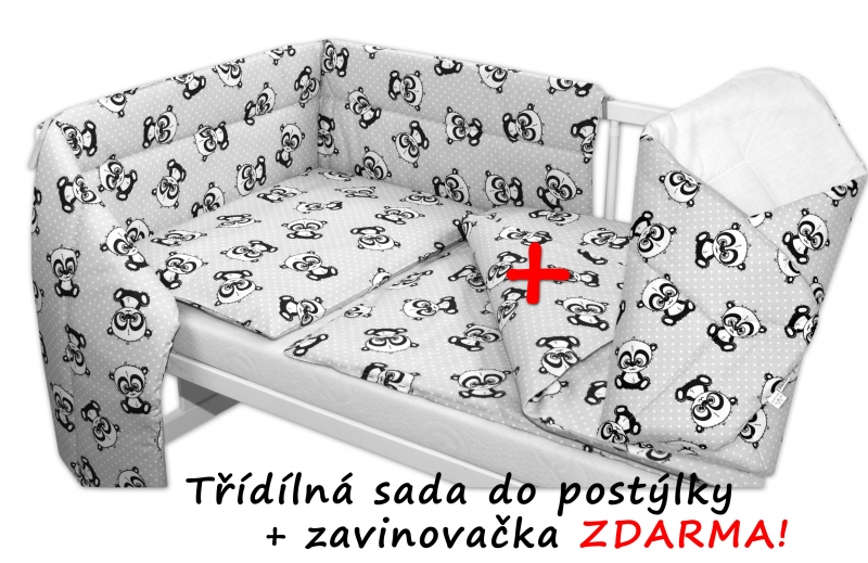 3-dílná sada mantinel s povlečením 135x100 + zavinovačka zdarma - Baby Panda, šedá
