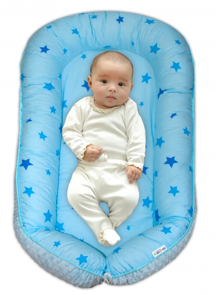 Baby Nellys maxi oboustranné hnízdečko minky Baby Stars, sv.modré minky, K19
