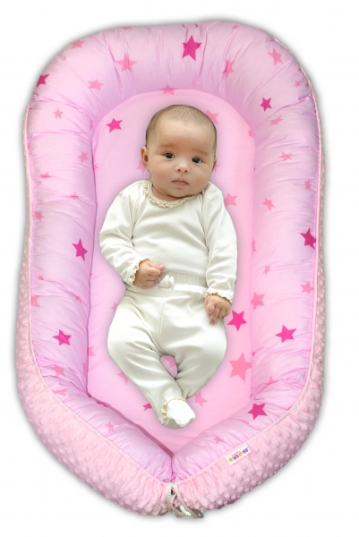 Baby Nellys maxi oboustranné hnízdečko minky Baby Stars, sv.růžová minky, K19