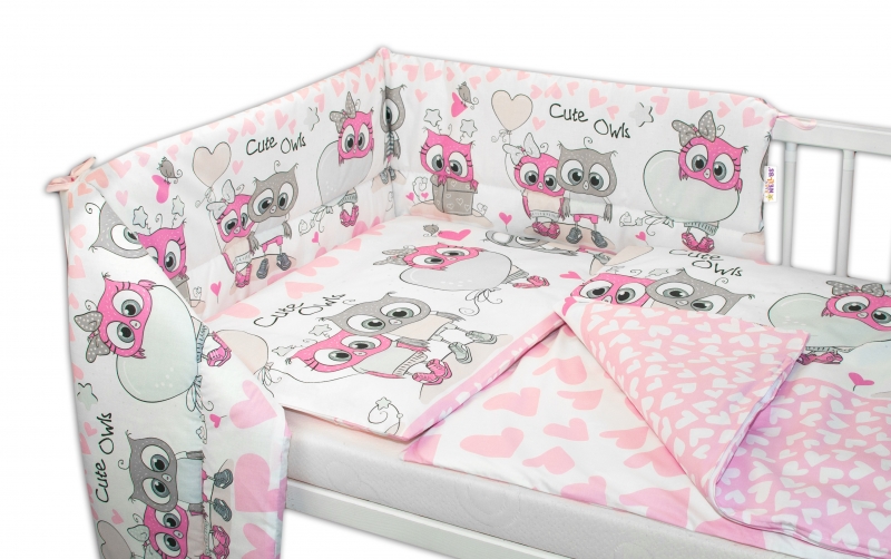 Baby Nellys 3-dílná sada mantinel s povlečením 135x100, Cute Owls - růžová