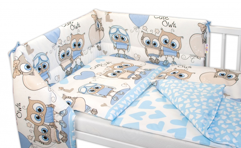 Baby Nellys 3-dílná sada mantinel s povlečením 135x100, Cute Owls - modrá