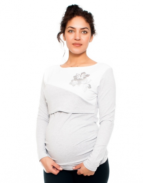 Be MaaMaa Těhotenské/kojící triko - květy , dlouhý rukáv, šedo/bílé, vel. XL