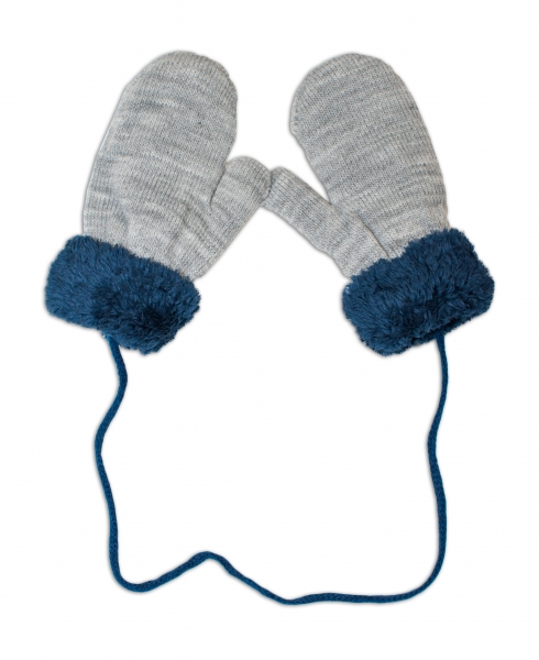 YO! Zimní kojenecké rukavičky s kožíškem - se šňůrkou YO -šedé/granátový kožíšek, 98/104