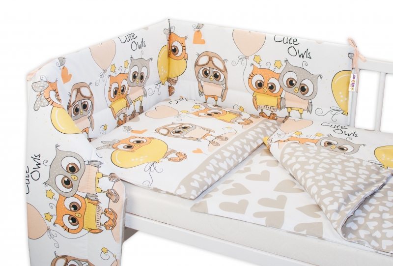 Baby Nellys 3-dílná sada mantinel s povlečením Cute Owls - béžová