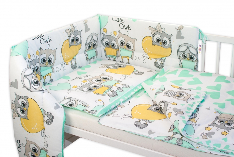 Baby Nellys 3-dílná sada mantinel s povlečením Cute Owls - zelená