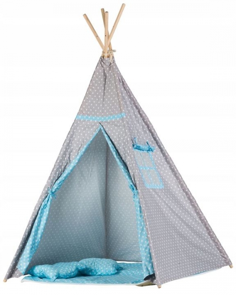 Stan pro děti teepee, týpí s výbavou - sv. šedá s puntíky, sv. modrá