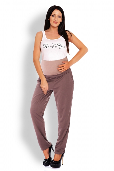 Be MaaMaa Těhotenské kalhoty/tepláky s vysokým pásem - cappuccino, vel. L/XL, Velikost: L/XL