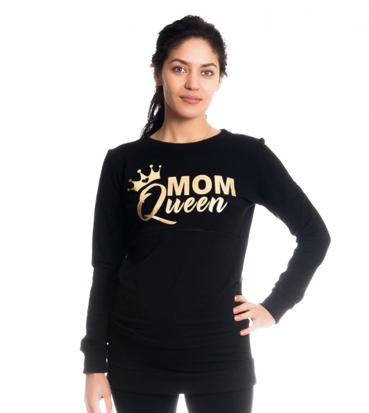 Be MaaMaa Těhotenské a kojící triko/mikina Mom Queen, dlouhý rukáv, černá, vel. M